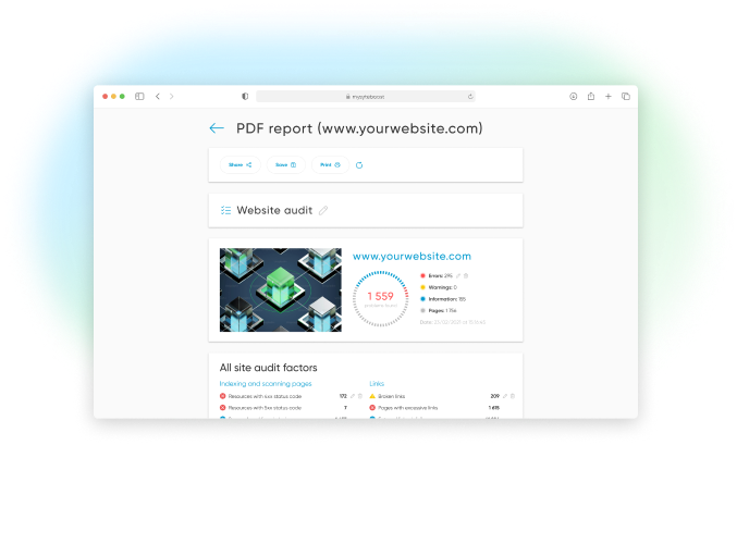 Screenshot of PDF website audit report Detailed PDF report of a website audit including performance factors