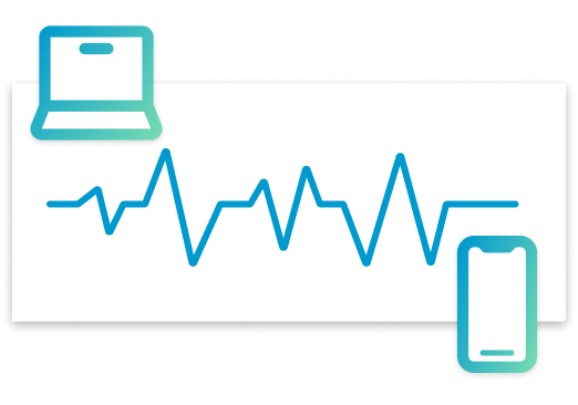 Heartbeat-style graph with laptop and phone A system monitoring graph showing heartbeat lines representing real-time performance for laptops and mobile devices