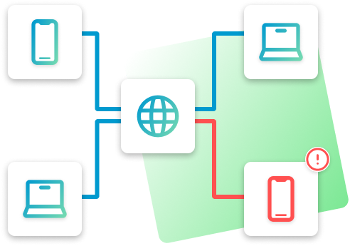 Network device connections and error detection Visual representation of multiple devices connected to the network with an error on one of the connections